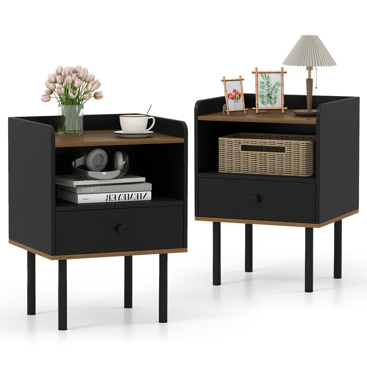 Nightstand Side Table with Drawer - Set of 2, Black