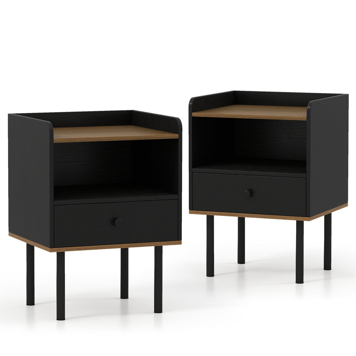 Nightstand Side Table with Drawer - Set of 2, Black