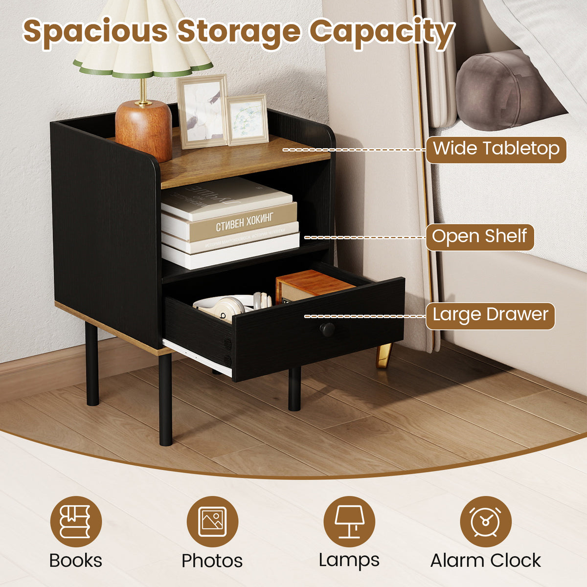 Nightstand Side Table with Drawer - Set of 2, Black