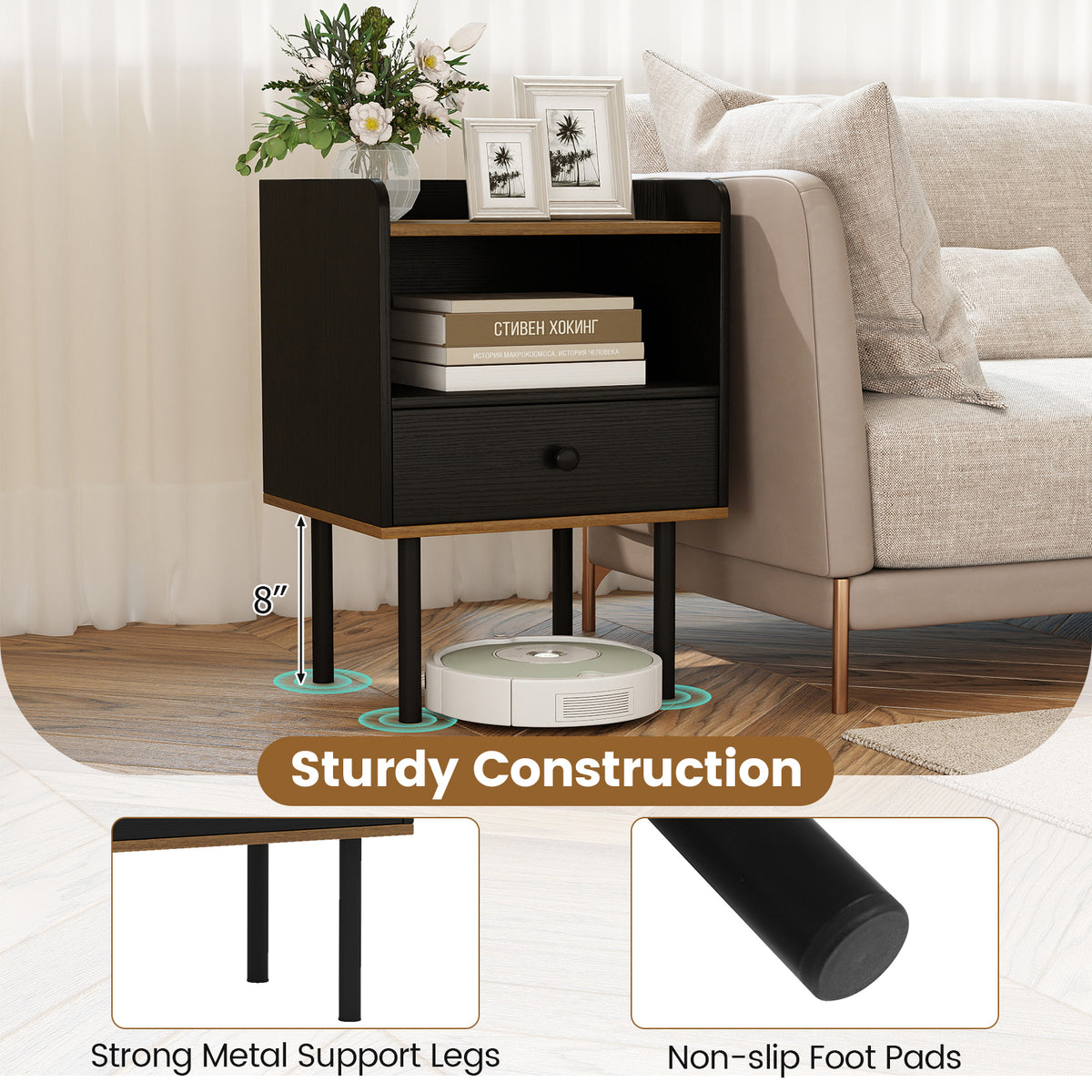 Nightstand Side Table with Drawer - Set of 2, Black