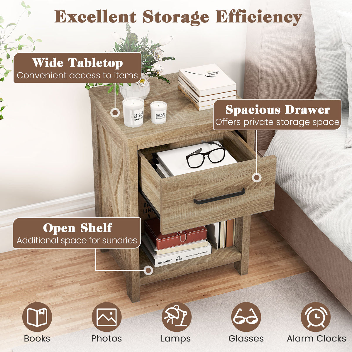 Nightstand with Drawer and Shelf - Natural