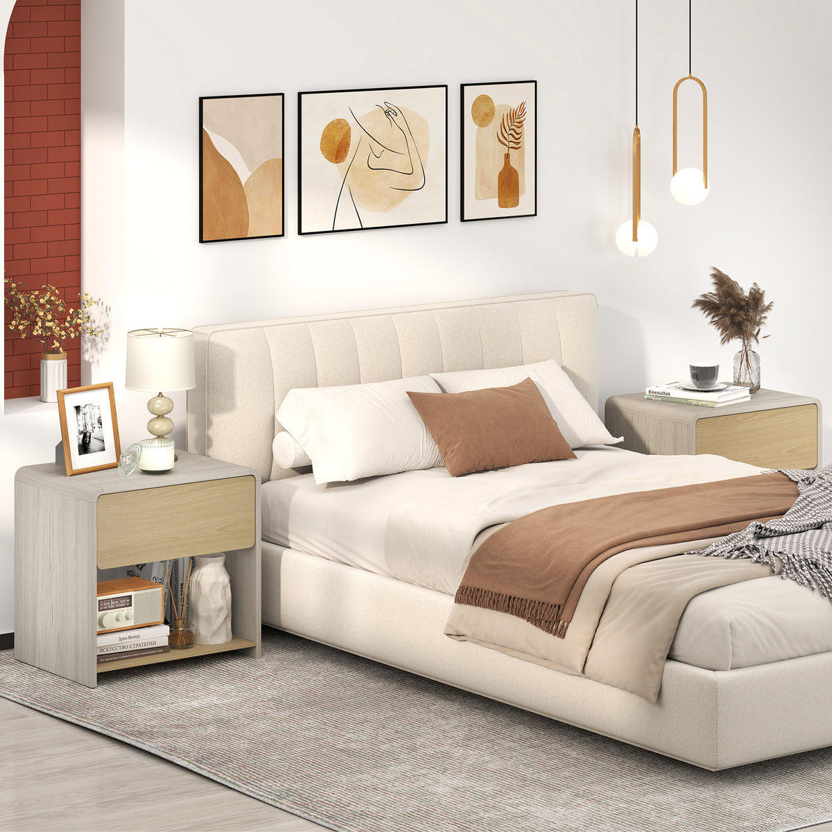 2-Tier Modern Nightstand with Drawer and Open Shelf, Oak