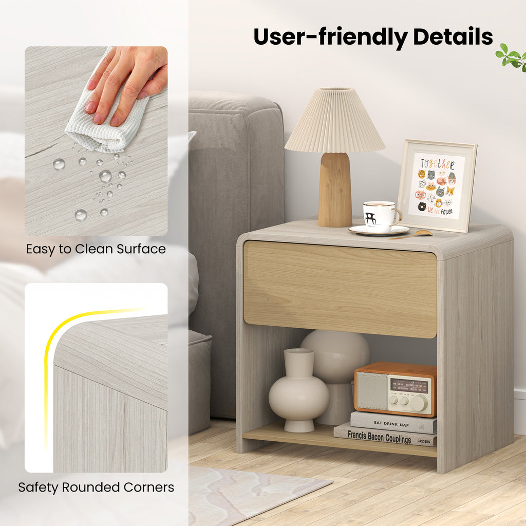 2-Tier Modern Nightstand with Drawer and Open Shelf, Oak