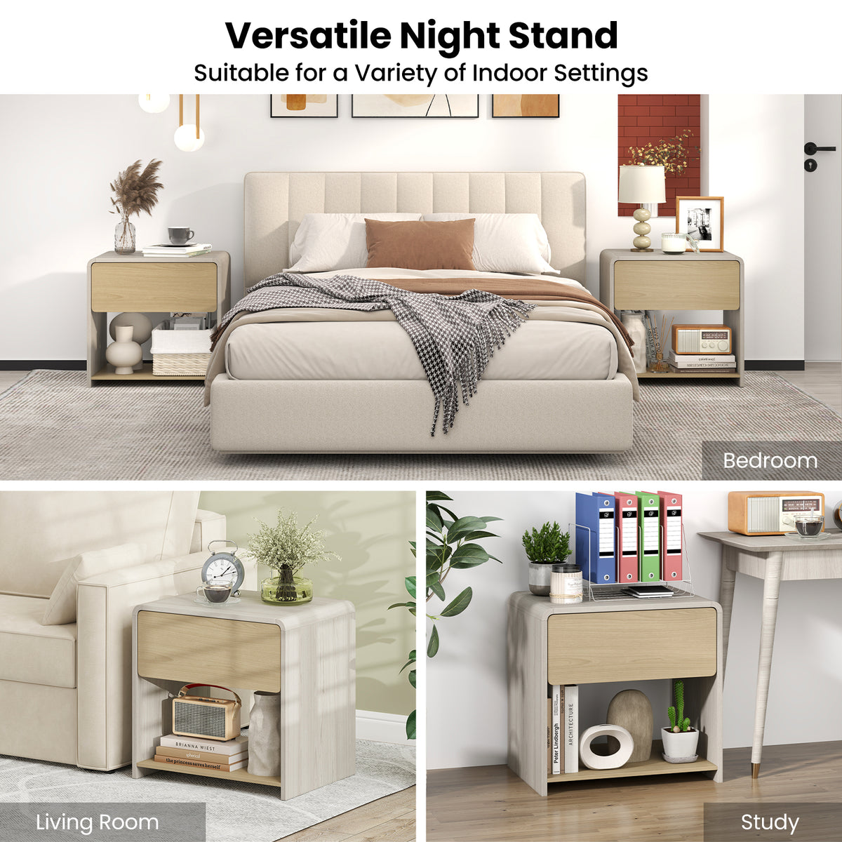 2-Tier Modern Nightstand with Drawer and Open Shelf, Oak