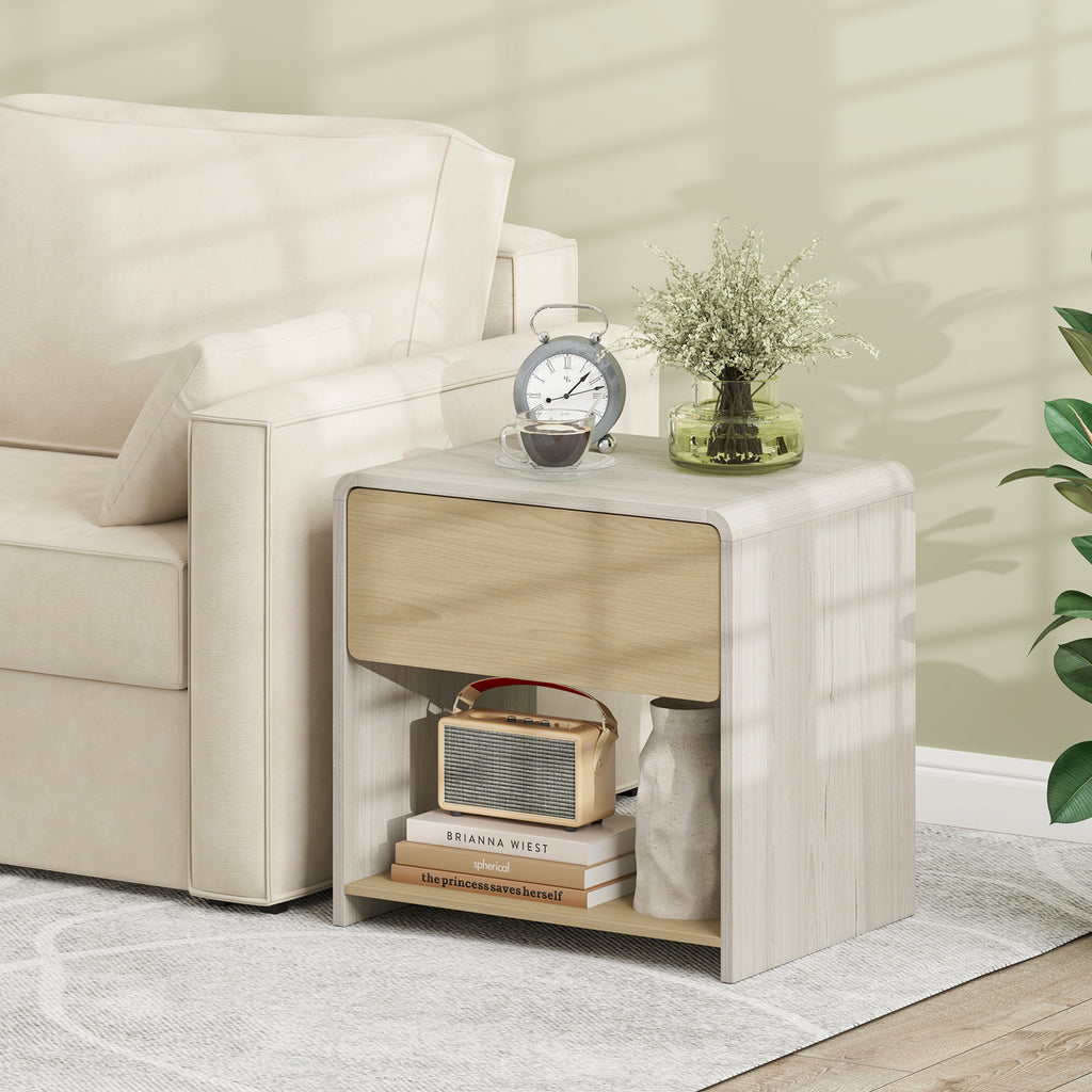 2-Tier Modern Nightstand with Drawer and Open Shelf, Oak