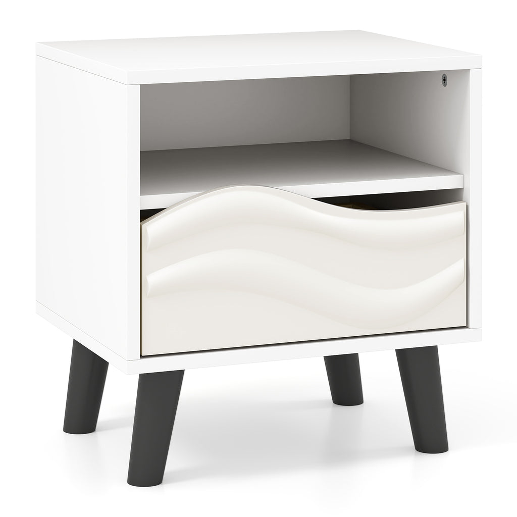 Nightstand Mid Century Modern Bedside Table with 3D Wavy Pattern, White