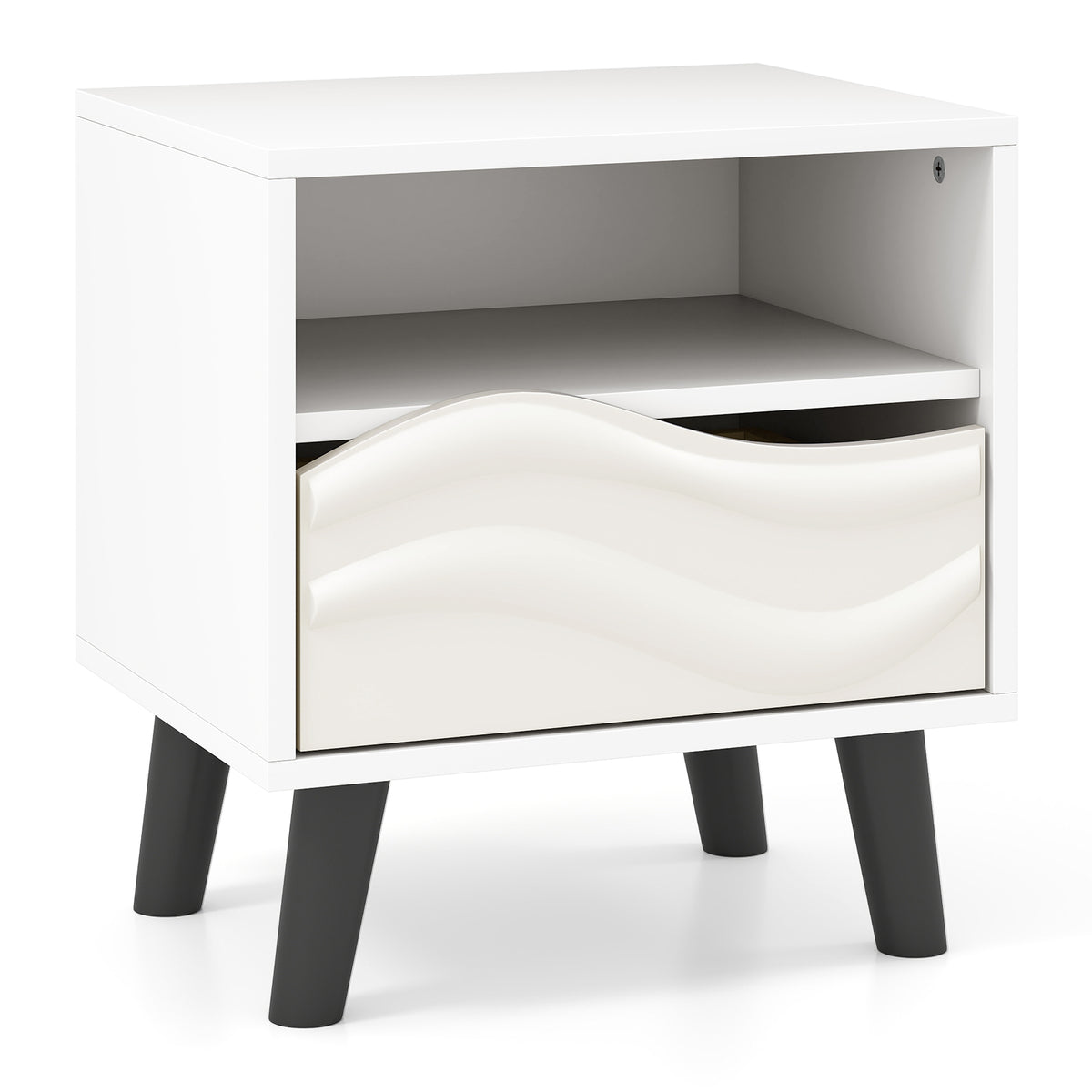 Nightstand Mid Century Modern Bedside Table with 3D Wavy Pattern, White