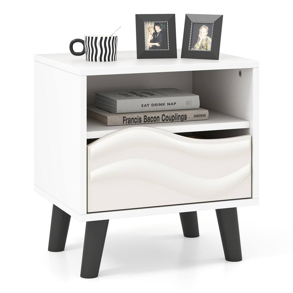 Nightstand Mid Century Modern Bedside Table with 3D Wavy Pattern, White