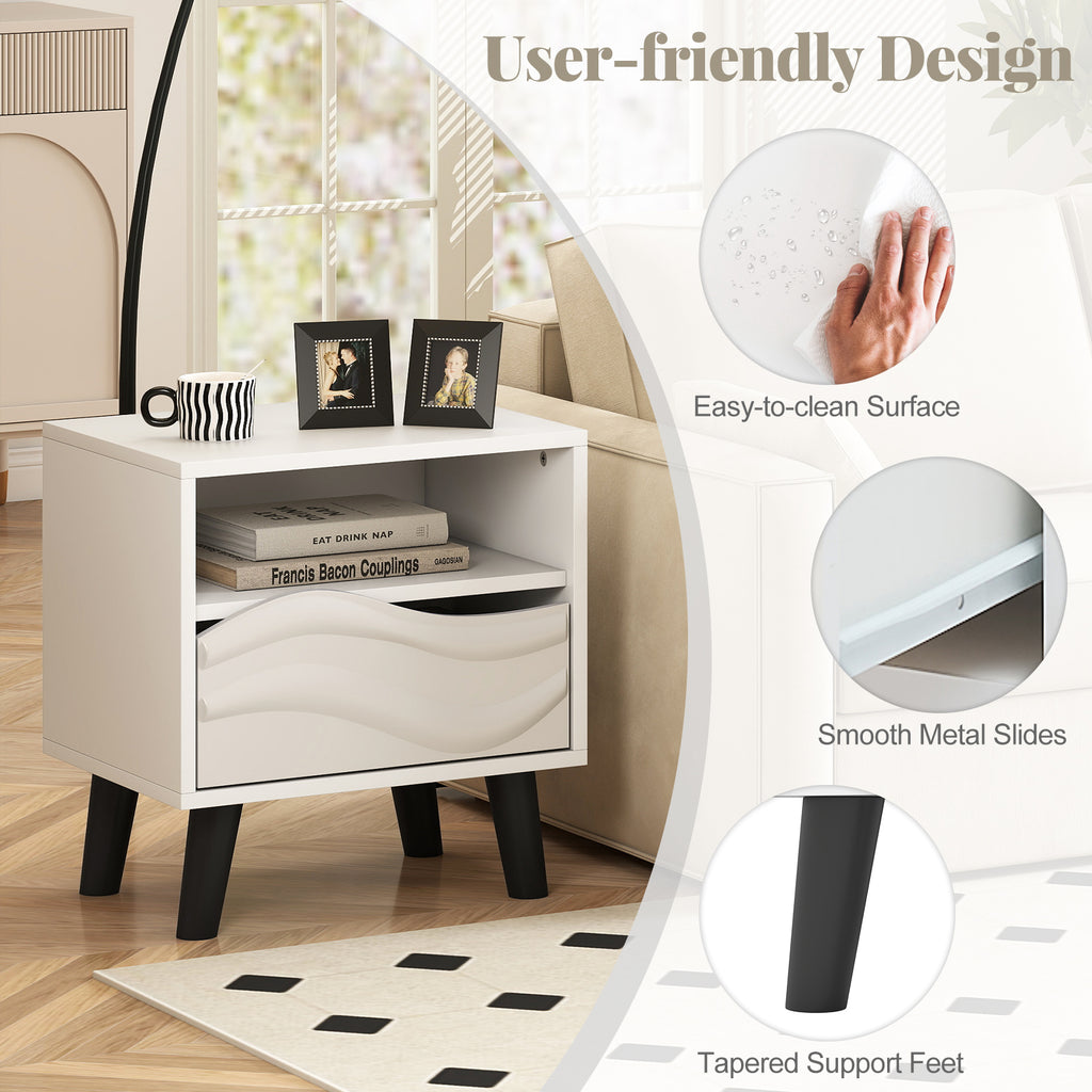 Nightstand Mid Century Modern Bedside Table with 3D Wavy Pattern, White