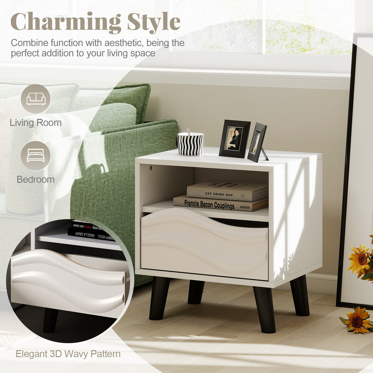 Nightstand Mid Century Modern Bedside Table with 3D Wavy Pattern, White