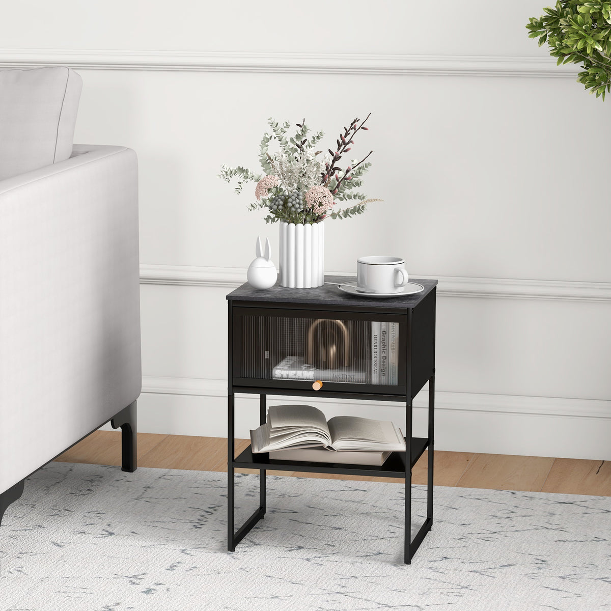 White Nightstand with Flip-Up Door Storage Shelf