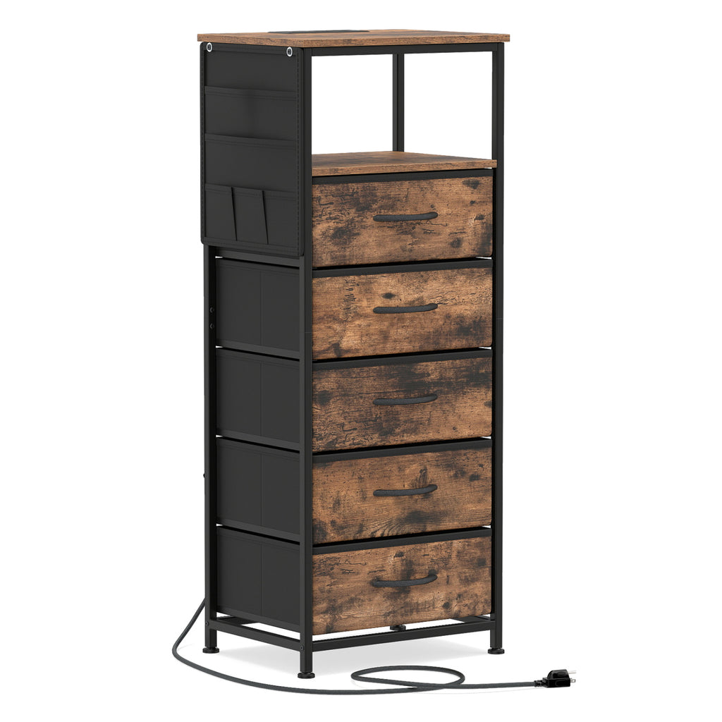 Nightstand with Charging Station & 5 Fabric Drawers - Brown