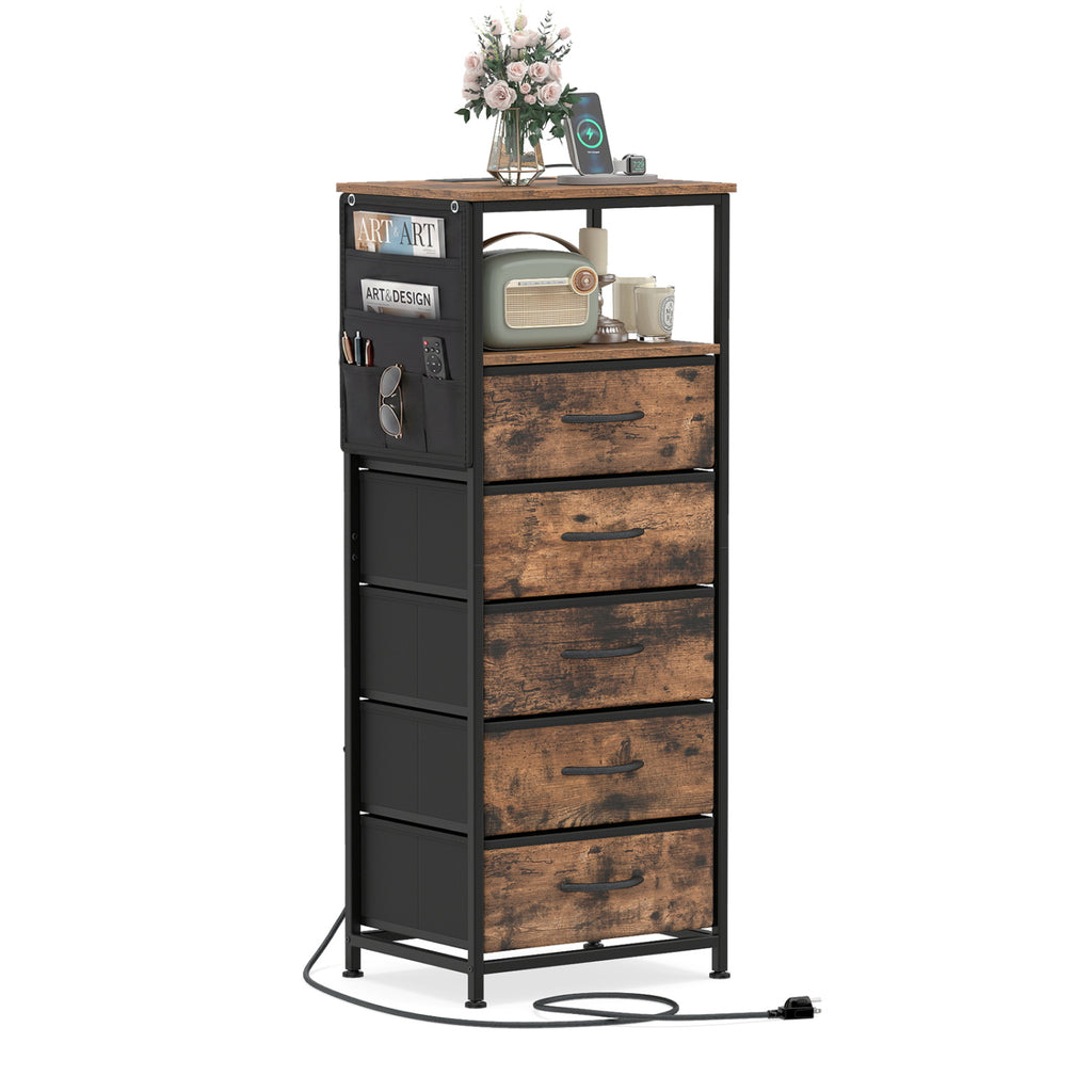 Nightstand with Charging Station & 5 Fabric Drawers - Brown
