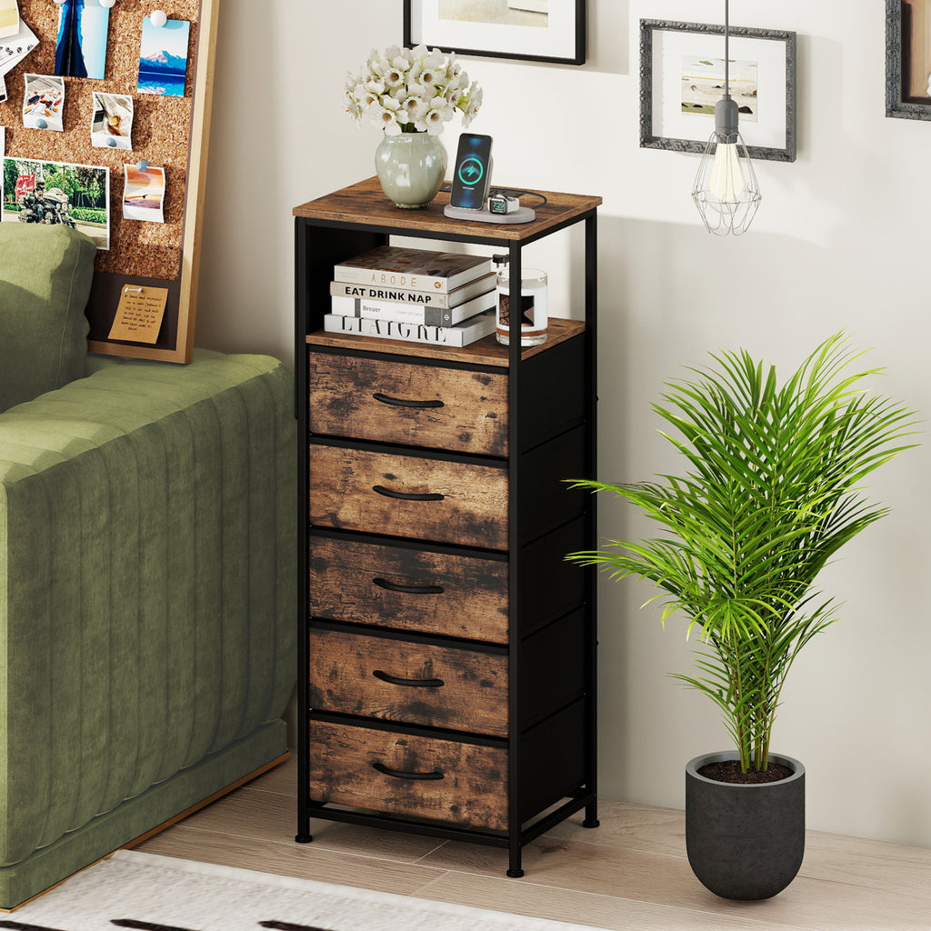 Nightstand with Charging Station & 5 Fabric Drawers - Brown