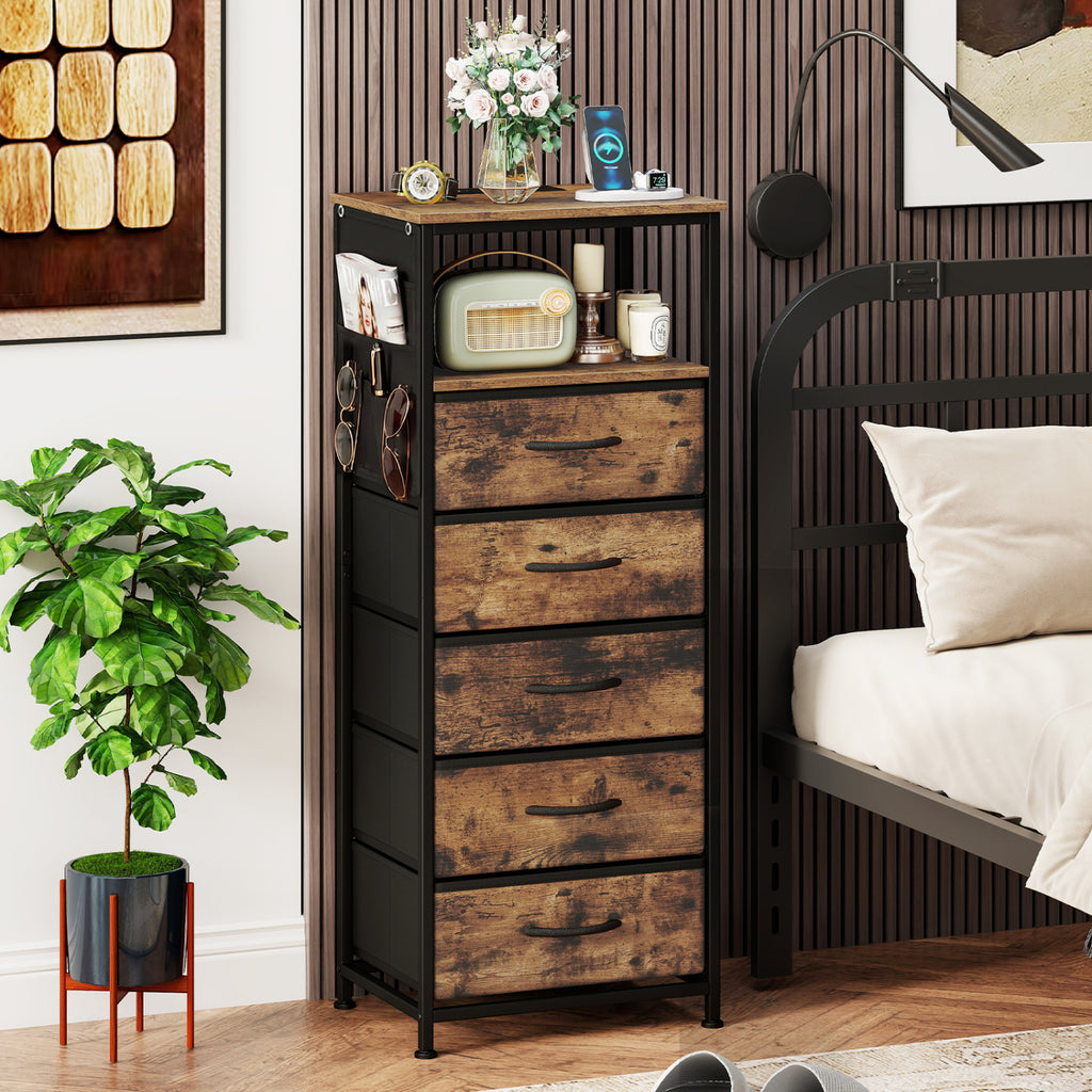 Nightstand with Charging Station & 5 Fabric Drawers - Brown