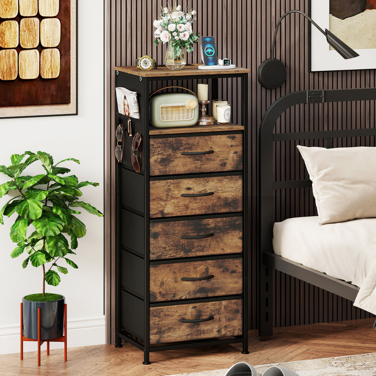 Nightstand with Charging Station & 5 Fabric Drawers - Brown