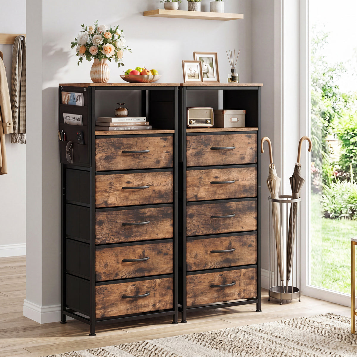Nightstand with Charging Station & 5 Fabric Drawers - Brown