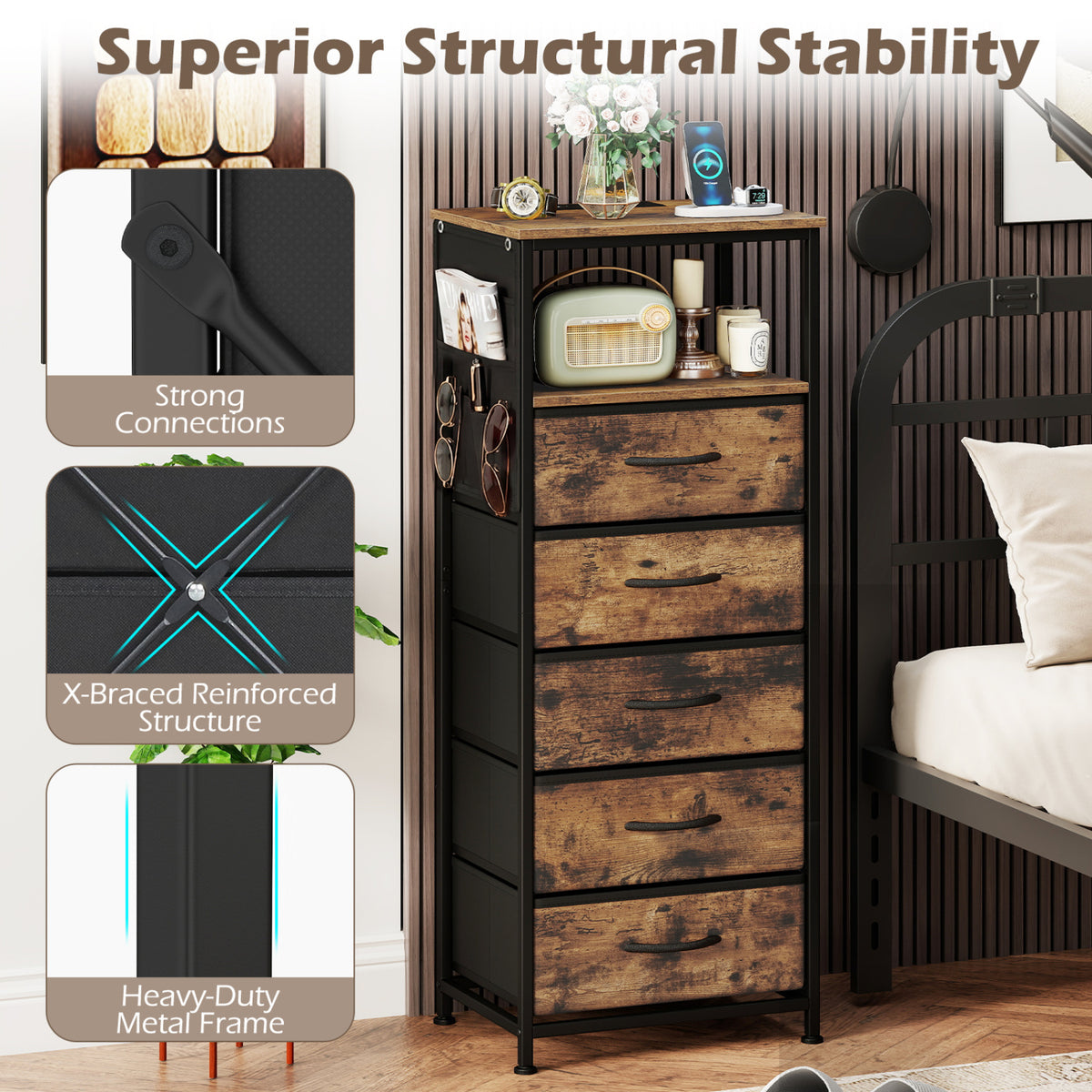 Nightstand with Charging Station & 5 Fabric Drawers - Brown