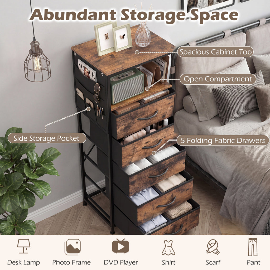 Nightstand with Charging Station & 5 Fabric Drawers - Brown