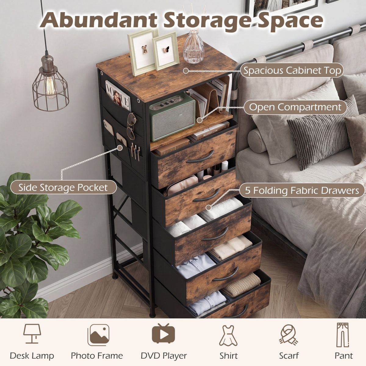 Nightstand with Charging Station & 5 Fabric Drawers - Brown