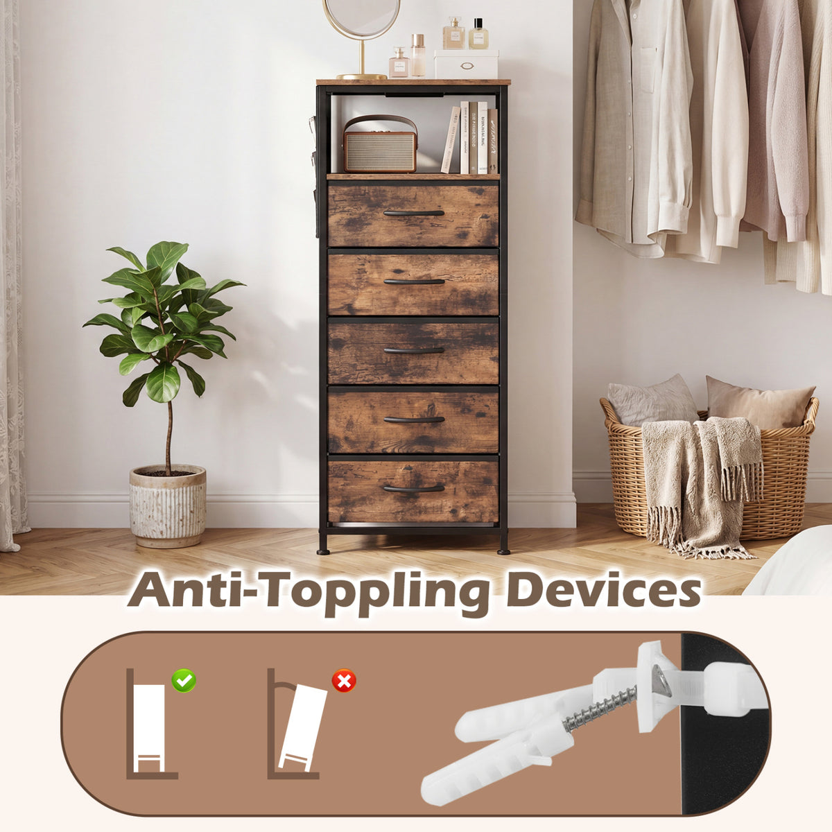 Nightstand with Charging Station & 5 Fabric Drawers - Brown
