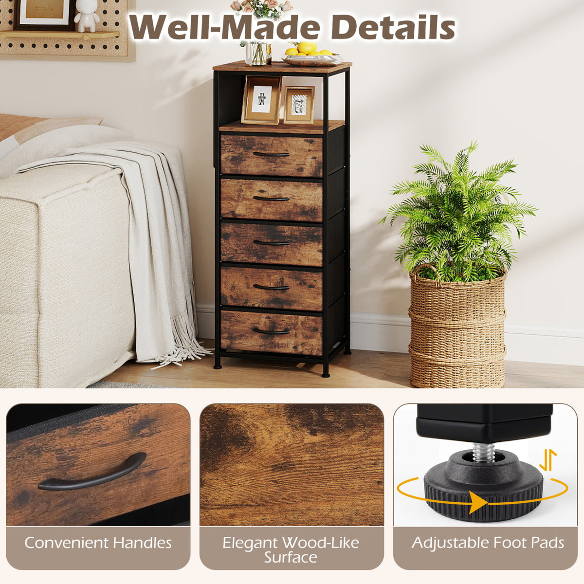 Nightstand with Charging Station & 5 Fabric Drawers - Brown