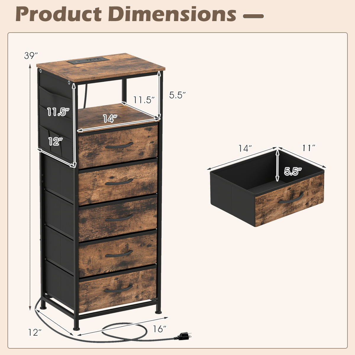 Nightstand with Charging Station & 5 Fabric Drawers - Brown