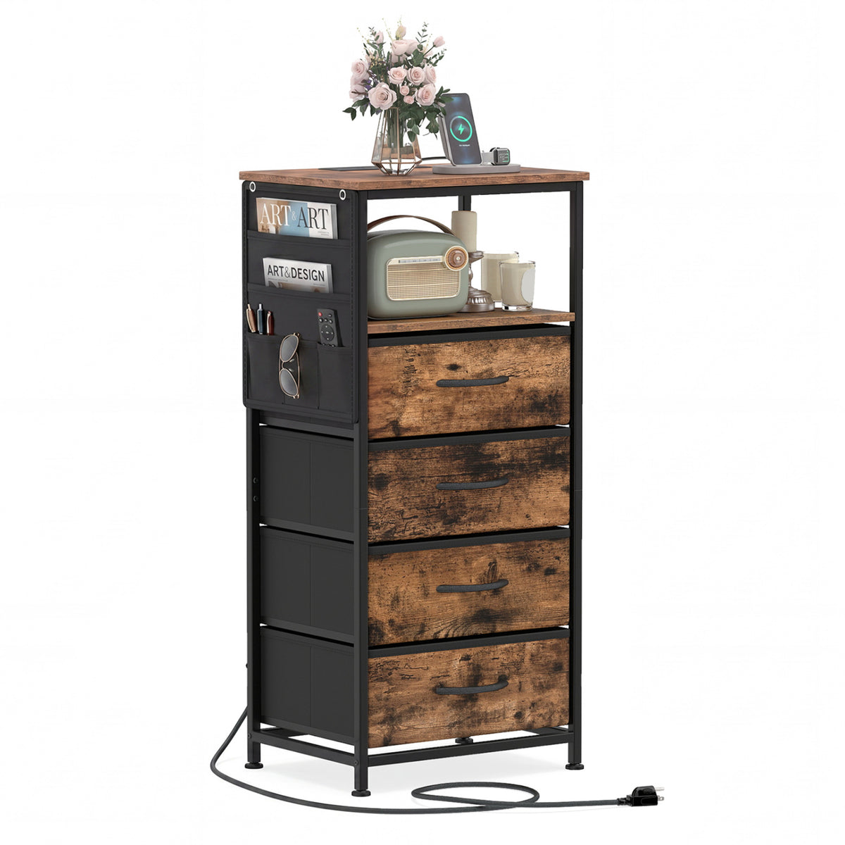 Nightstand with Charging Station, 34" Modern Bedside Table - Rustic Brown