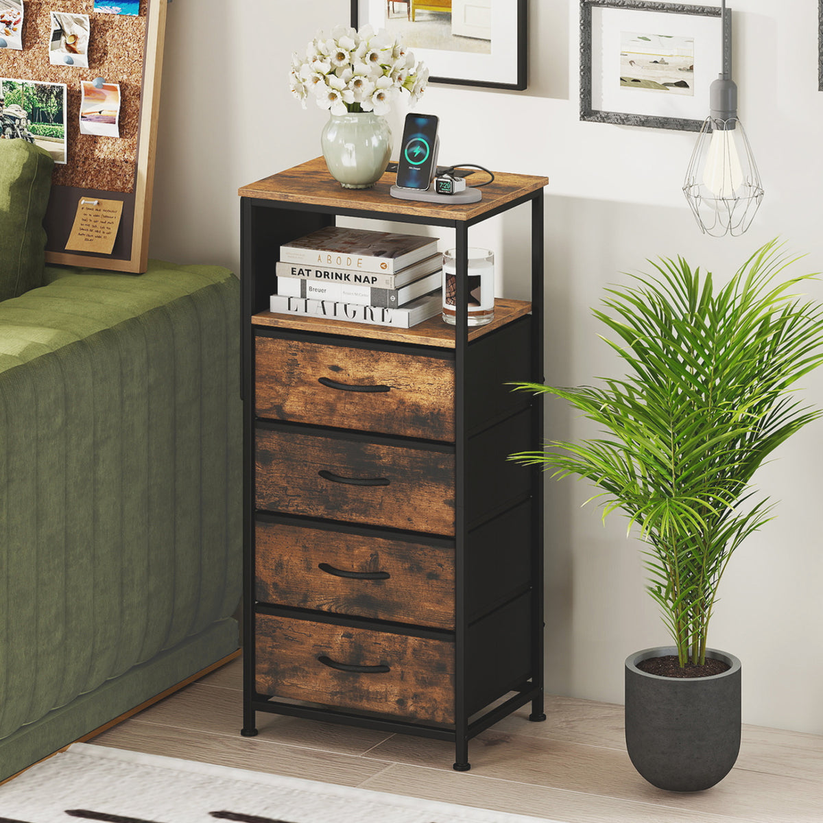 Nightstand with Charging Station, 34" Modern Bedside Table - Rustic Brown