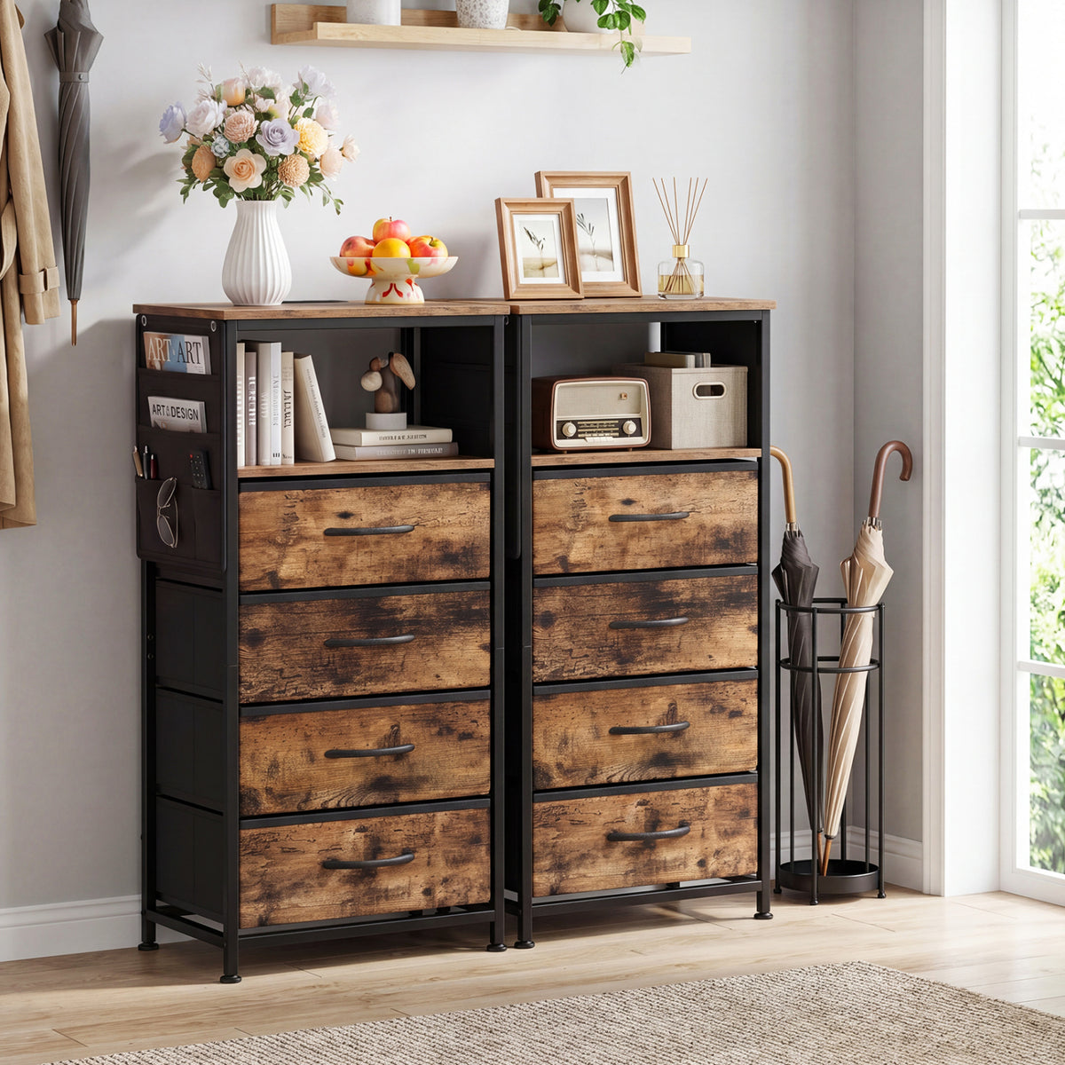 Nightstand with Charging Station, 34" Modern Bedside Table - Rustic Brown