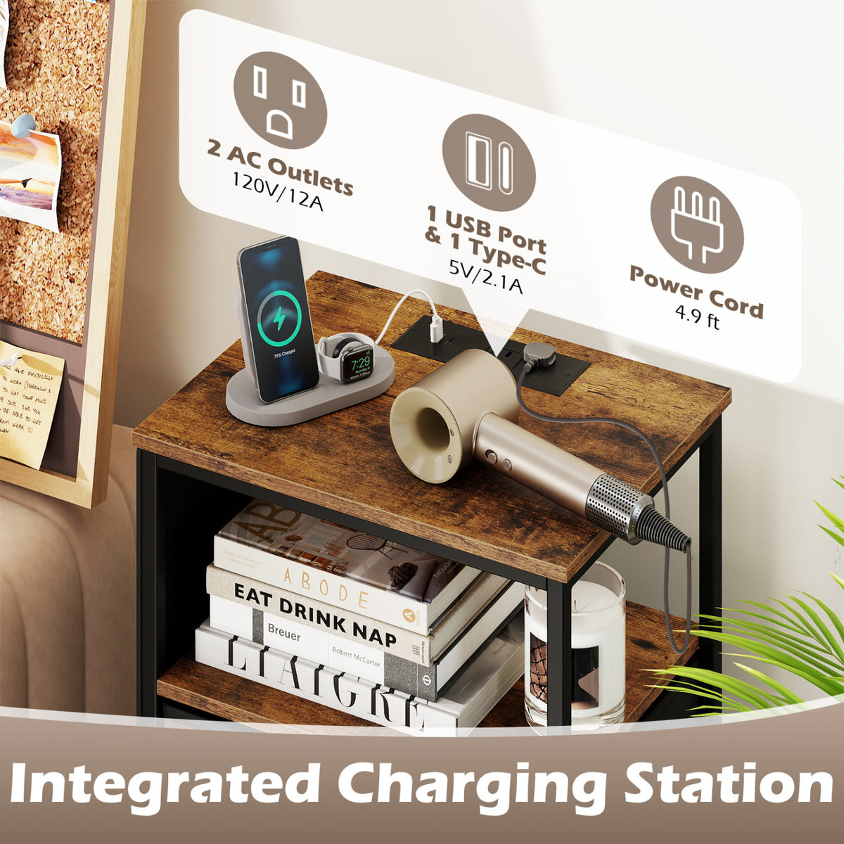 Nightstand with Charging Station, 34" Modern Bedside Table - Rustic Brown