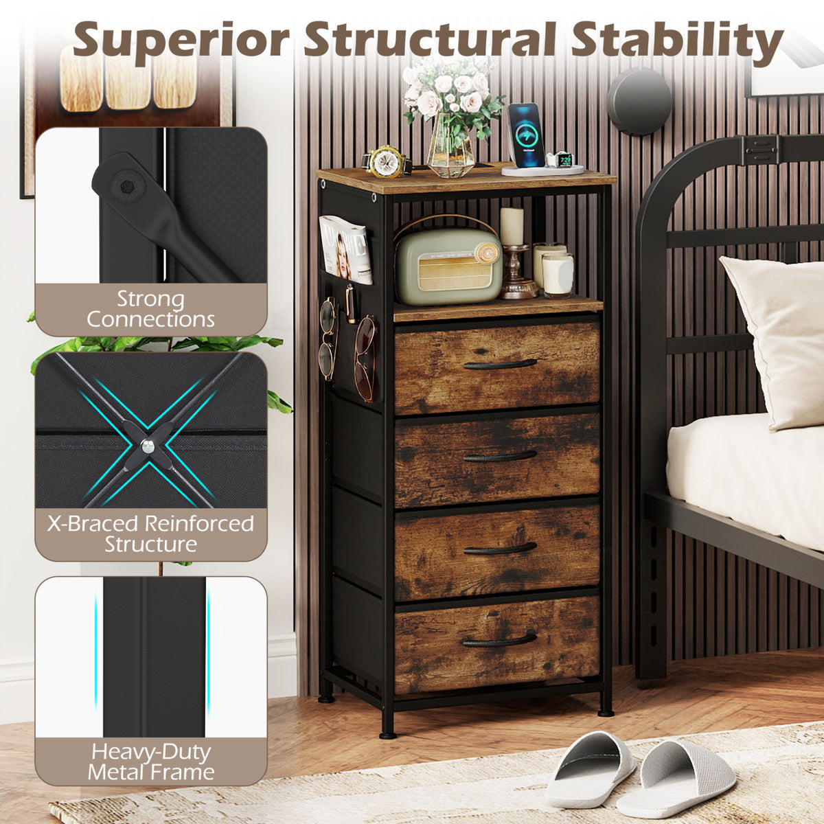 Nightstand with Charging Station, 34" Modern Bedside Table - Rustic Brown