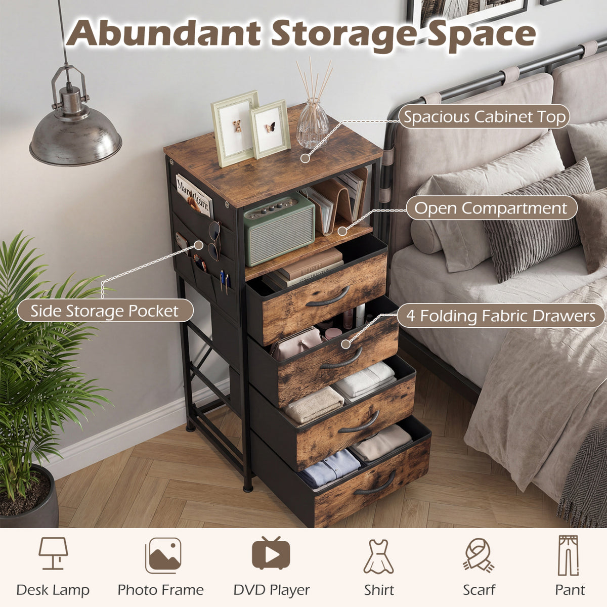 Nightstand with Charging Station, 34" Modern Bedside Table - Rustic Brown