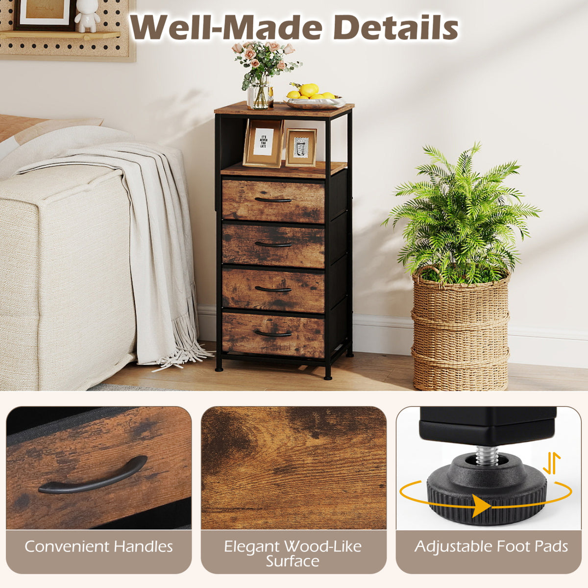 Nightstand with Charging Station, 34" Modern Bedside Table - Rustic Brown