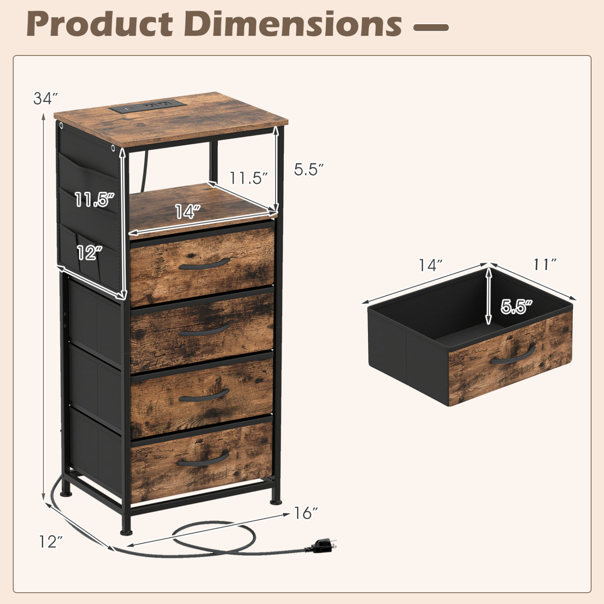 Nightstand with Charging Station, 34" Modern Bedside Table - Rustic Brown