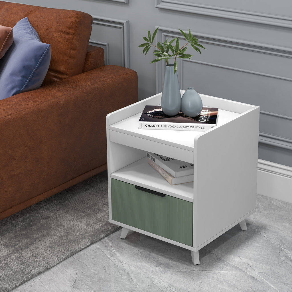 Modern Nightstand with LED Lights, Sliding Drawer – White
