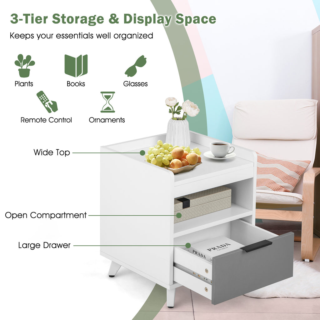 Modern Nightstand with LED Lights, Sliding Drawer – White