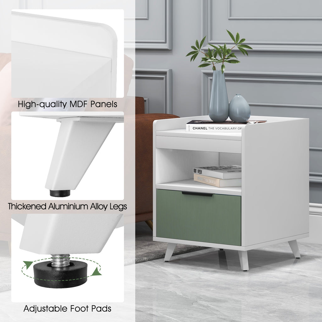 Modern Nightstand with LED Lights, Sliding Drawer – White