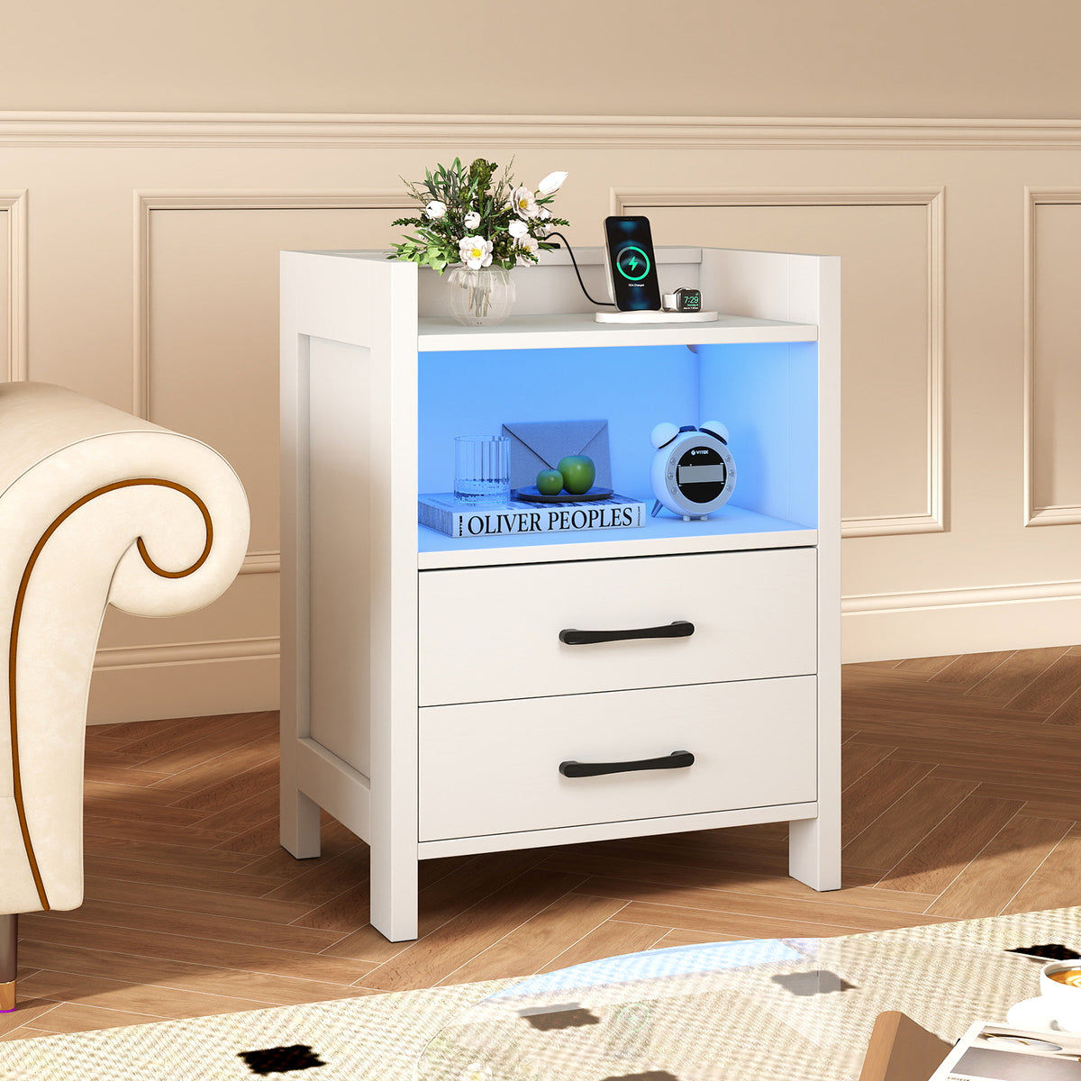 23.5" Nightstand with Charging Station & LED Lighting, White