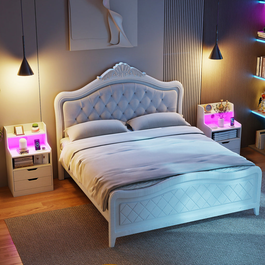 Nightstand with RGB LED Light and Charging Station - Black