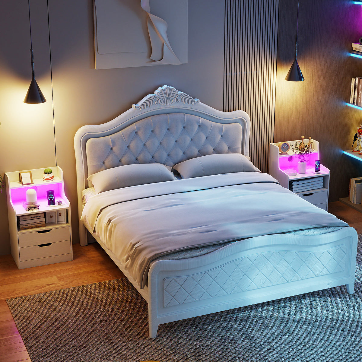 Nightstand with RGB LED Light and Charging Station - Black