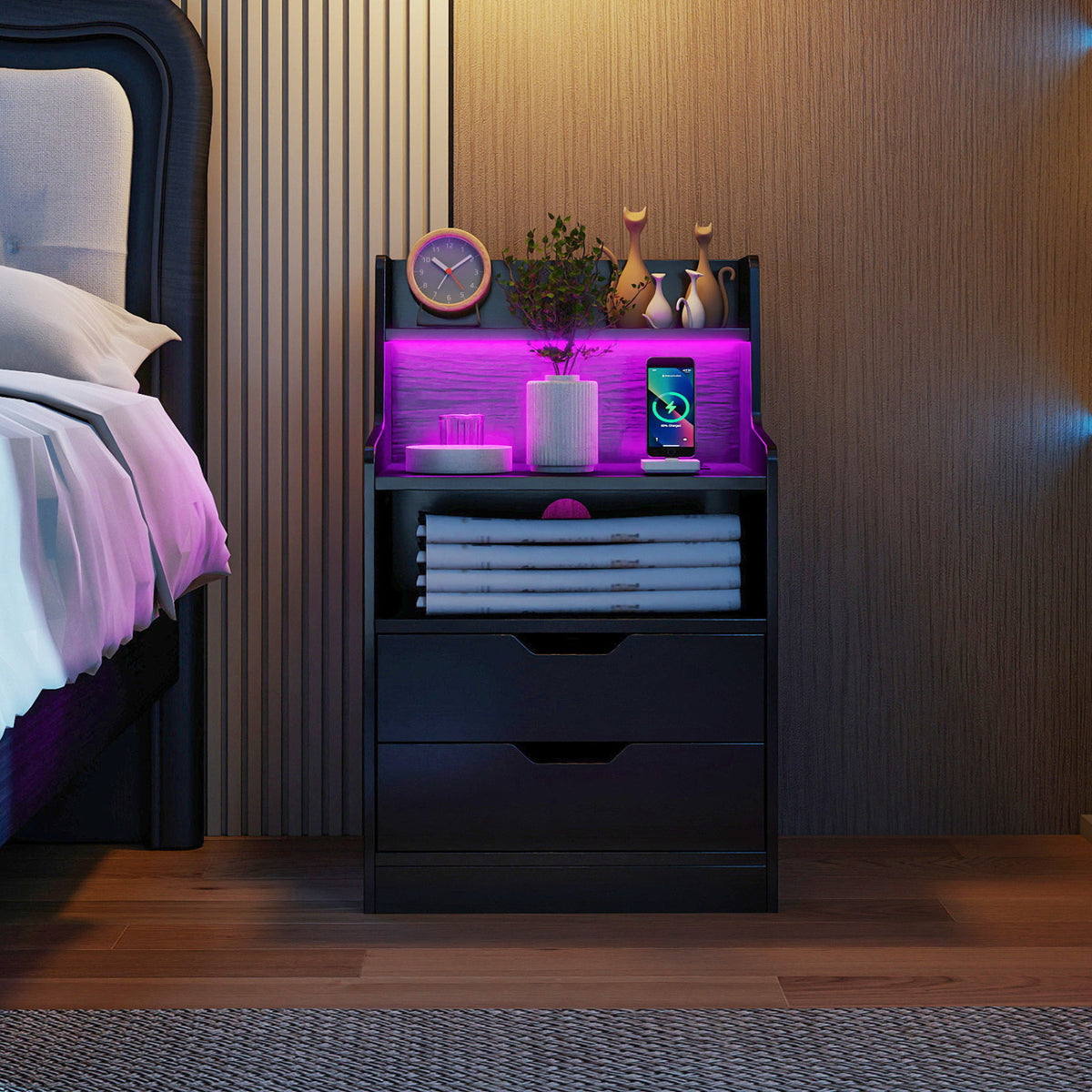 Nightstand with RGB LED Light and Charging Station - Black
