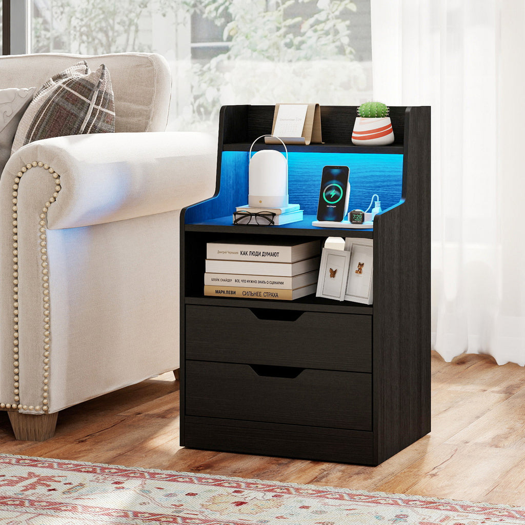 Nightstand with RGB LED Light and Charging Station - Black