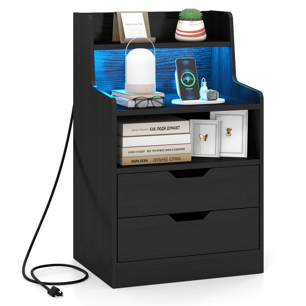 Nightstand with RGB LED Light and Charging Station - Black