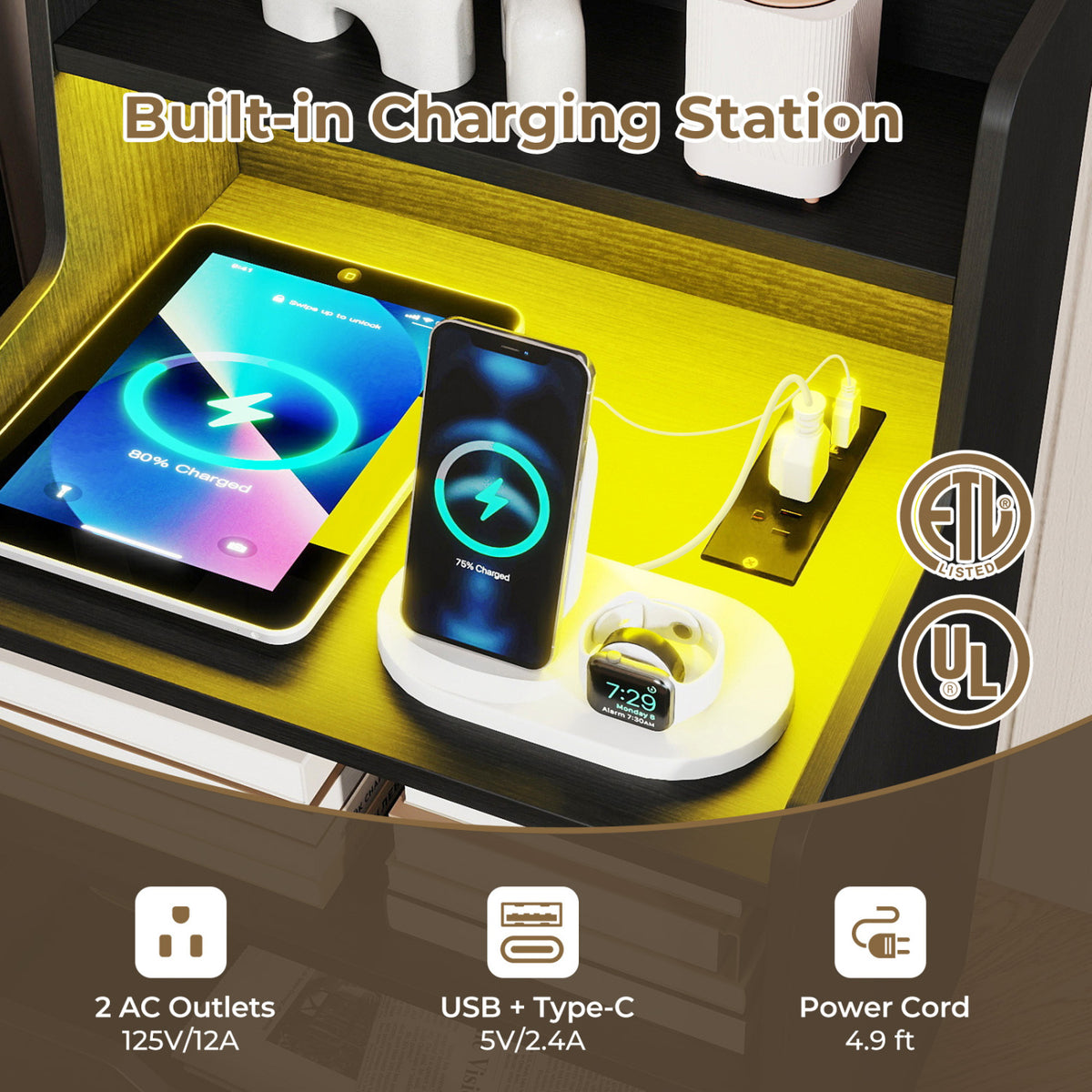 Nightstand with RGB LED Light and Charging Station - Black
