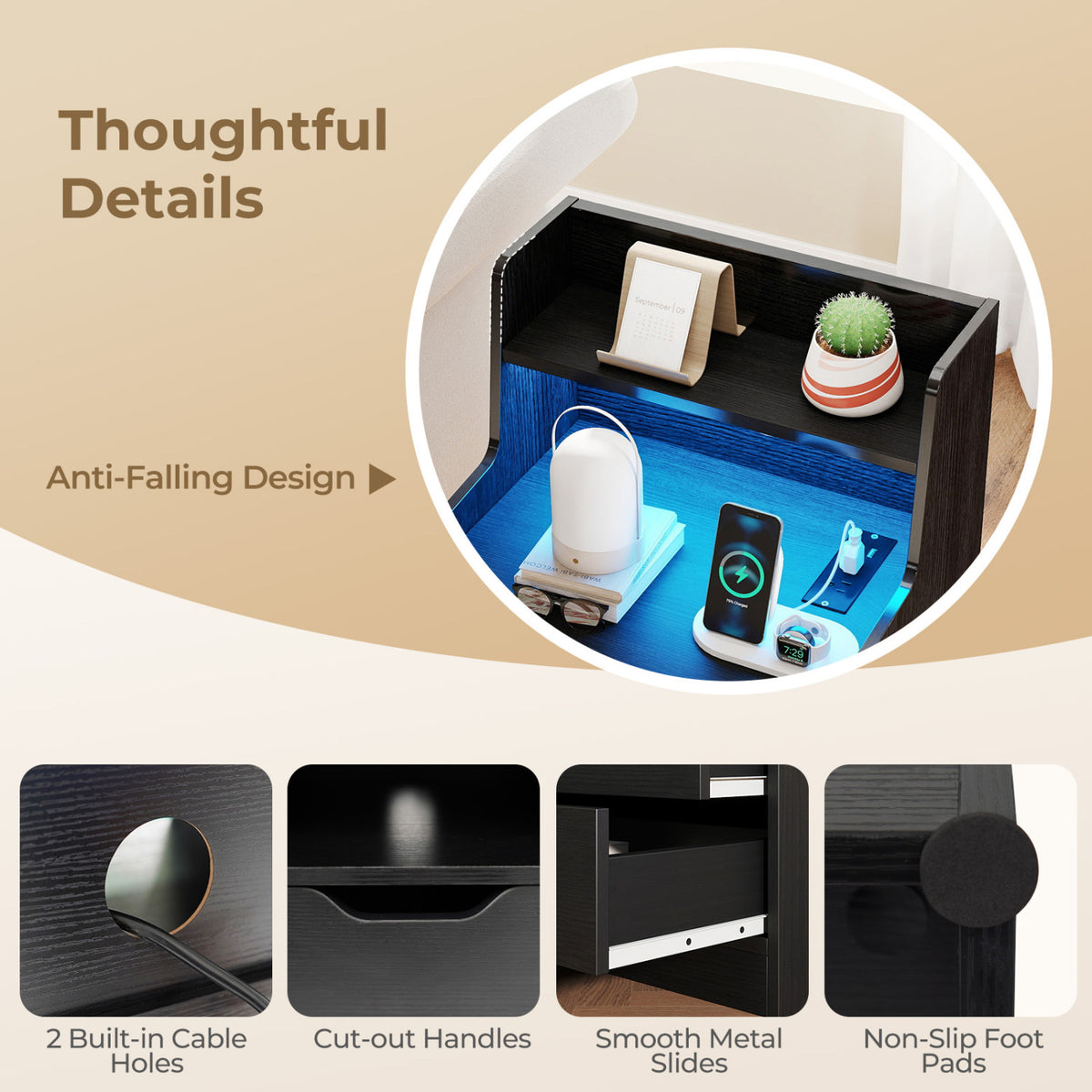 Nightstand with RGB LED Light and Charging Station - Black