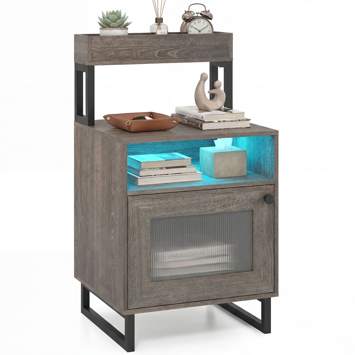 LED Nightstand with Storage, Gray