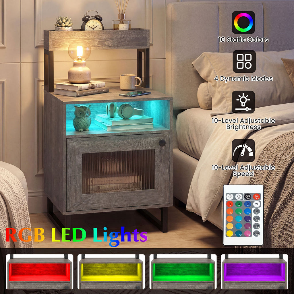LED Nightstand with Storage, Gray