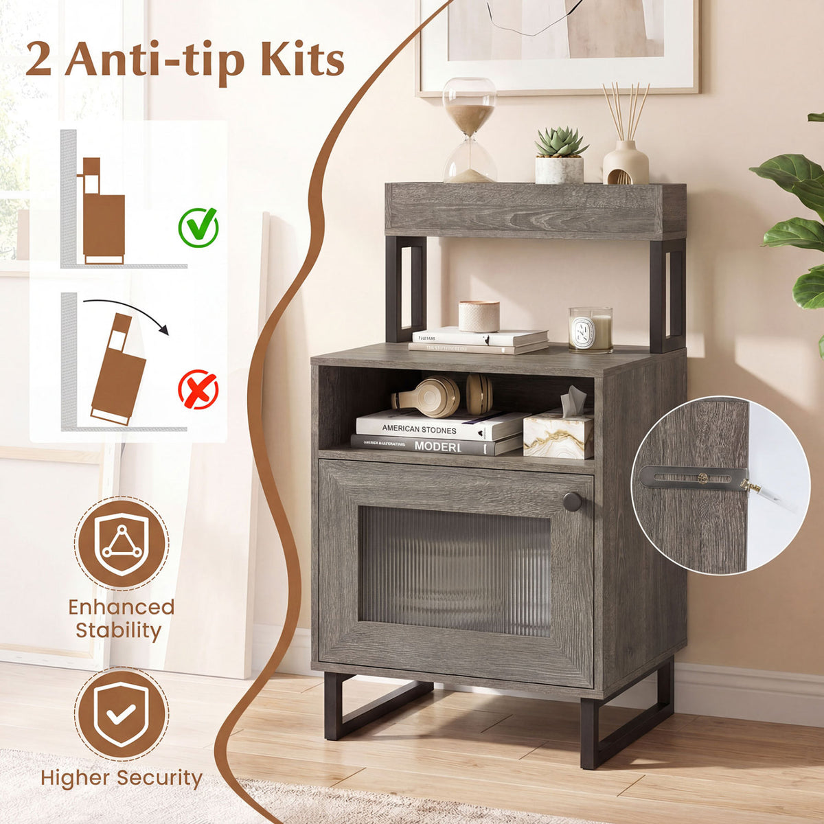 LED Nightstand with Storage, Gray