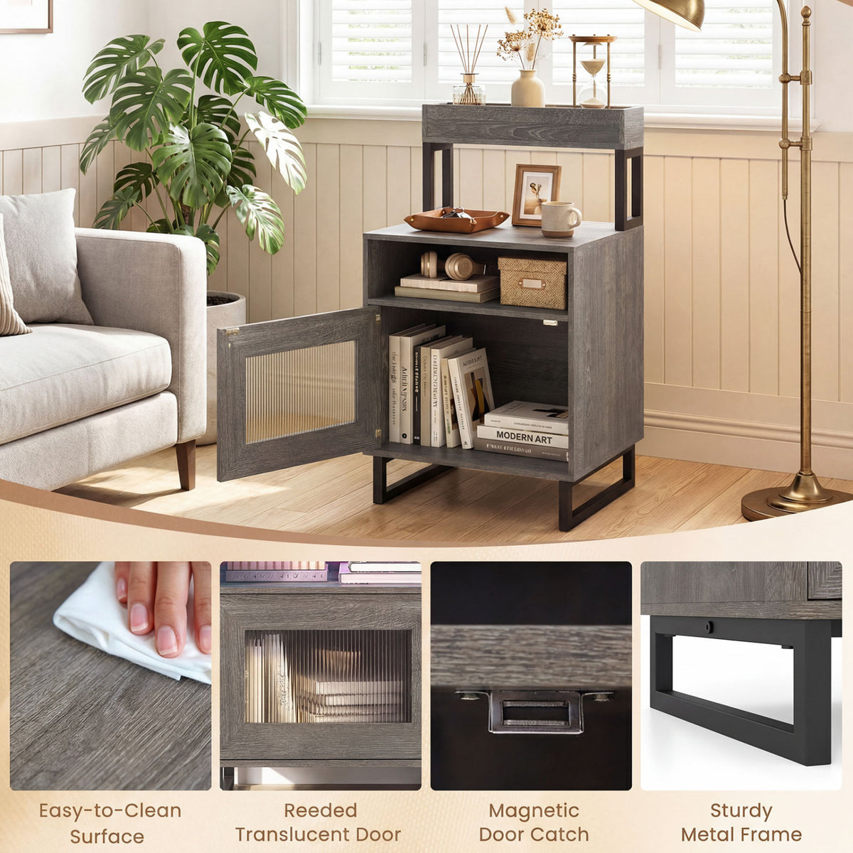 LED Nightstand with Storage, Gray